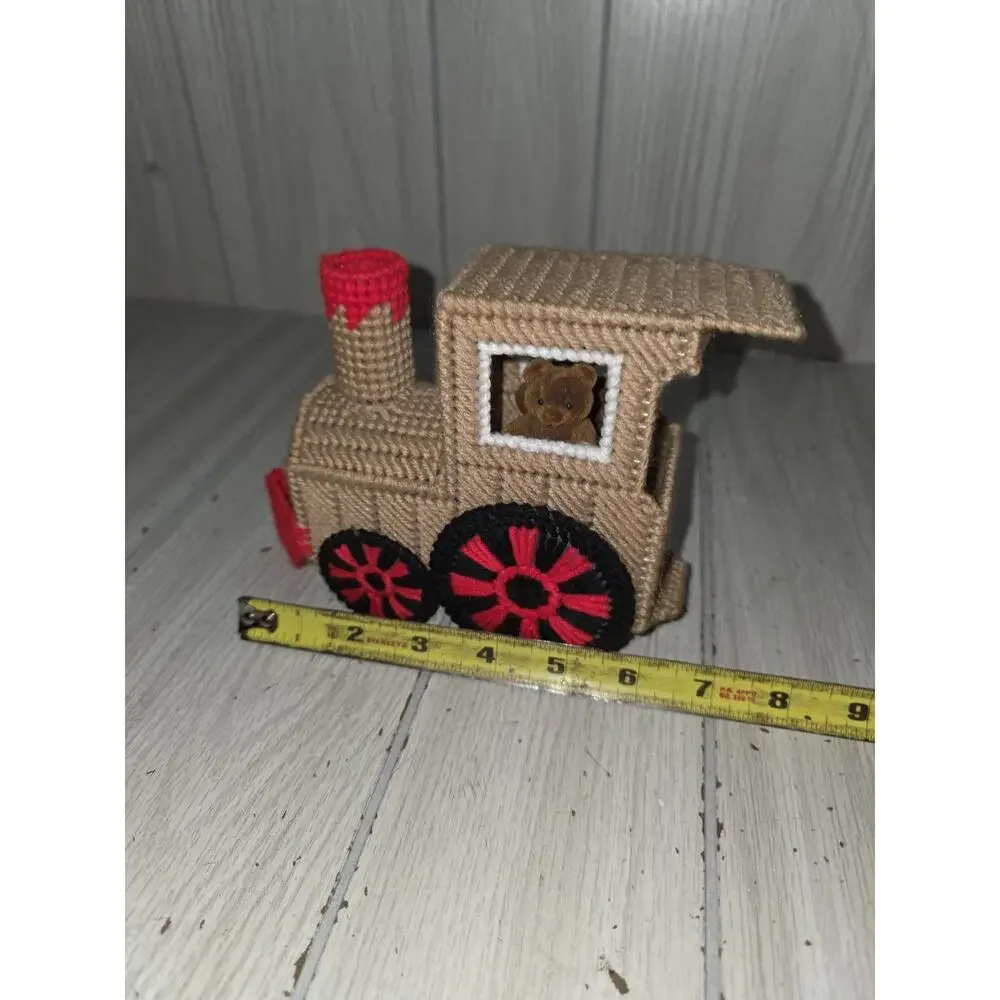 Vintage Plastic Canvas Needlepoint Christmas Train Engine Bear Conductor Decor